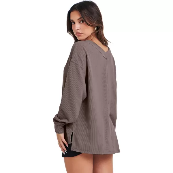 imageANRABESS Women Long Sleeve Shirt V Neck Off Shoulder Oversized Knit Pullover Sweatshirt Loose High Low Fall Tunic TopsLight Brown