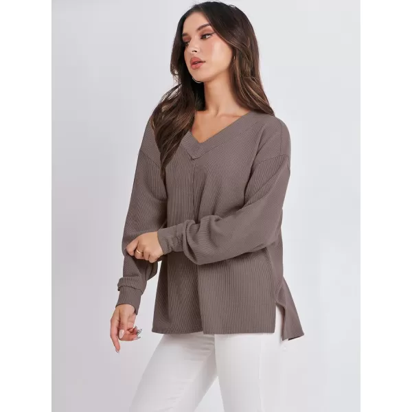 imageANRABESS Women Long Sleeve Shirt V Neck Off Shoulder Oversized Knit Pullover Sweatshirt Loose High Low Fall Tunic TopsLight Brown