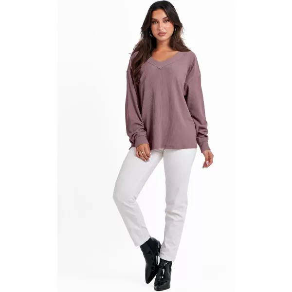 imageANRABESS Women Long Sleeve Shirt V Neck Off Shoulder Oversized Knit Pullover Sweatshirt Loose High Low Fall Tunic TopsLight Purple