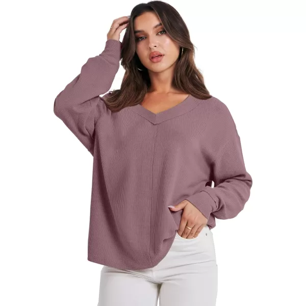 imageANRABESS Women Long Sleeve Shirt V Neck Off Shoulder Oversized Knit Pullover Sweatshirt Loose High Low Fall Tunic TopsLight Purple