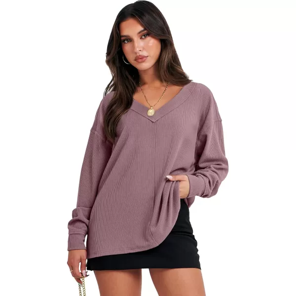 imageANRABESS Women Long Sleeve Shirt V Neck Off Shoulder Oversized Knit Pullover Sweatshirt Loose High Low Fall Tunic TopsLight Purple