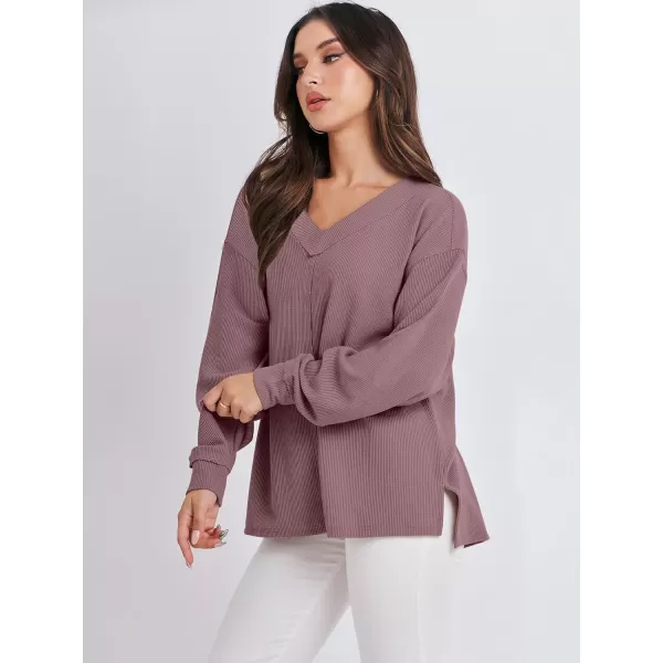 imageANRABESS Women Long Sleeve Shirt V Neck Off Shoulder Oversized Knit Pullover Sweatshirt Loose High Low Fall Tunic TopsLight Purple