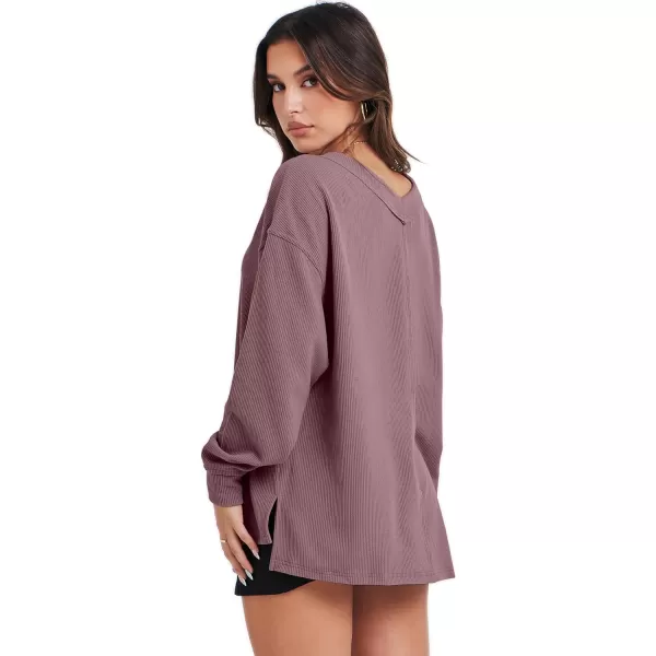 imageANRABESS Women Long Sleeve Shirt V Neck Off Shoulder Oversized Knit Pullover Sweatshirt Loose High Low Fall Tunic TopsLight Purple