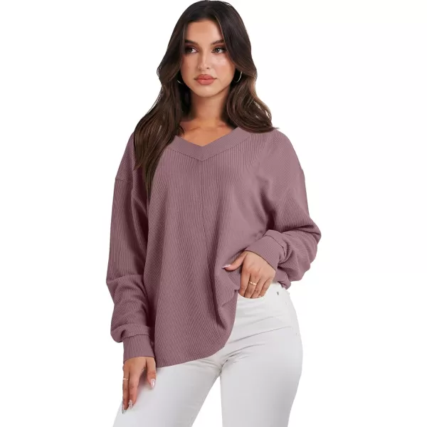 imageANRABESS Women Long Sleeve Shirt V Neck Off Shoulder Oversized Knit Pullover Sweatshirt Loose High Low Fall Tunic TopsLight Purple