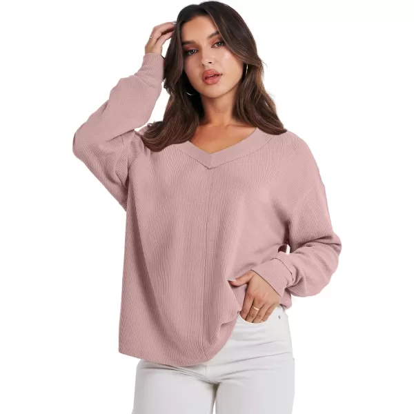 imageANRABESS Women Long Sleeve Shirt V Neck Off Shoulder Oversized Knit Pullover Sweatshirt Loose High Low Fall Tunic TopsPink