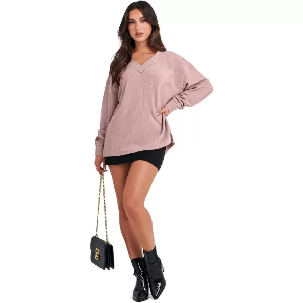 imageANRABESS Women Long Sleeve Shirt V Neck Off Shoulder Oversized Knit Pullover Sweatshirt Loose High Low Fall Tunic TopsPink