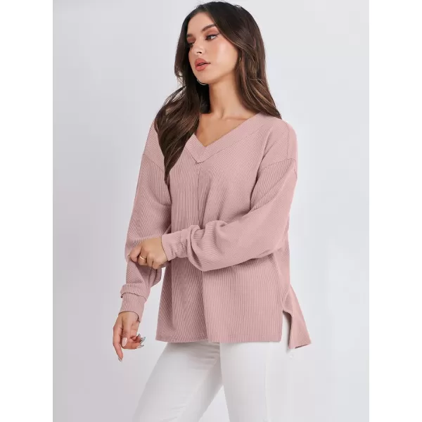 imageANRABESS Women Long Sleeve Shirt V Neck Off Shoulder Oversized Knit Pullover Sweatshirt Loose High Low Fall Tunic TopsPink