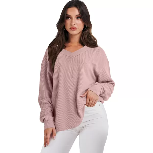 imageANRABESS Women Long Sleeve Shirt V Neck Off Shoulder Oversized Knit Pullover Sweatshirt Loose High Low Fall Tunic TopsPink