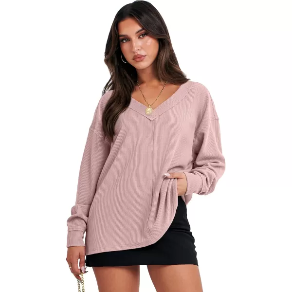 imageANRABESS Women Long Sleeve Shirt V Neck Off Shoulder Oversized Knit Pullover Sweatshirt Loose High Low Fall Tunic TopsPink