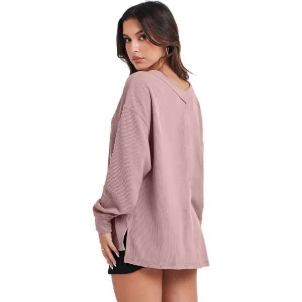 imageANRABESS Women Long Sleeve Shirt V Neck Off Shoulder Oversized Knit Pullover Sweatshirt Loose High Low Fall Tunic TopsPink