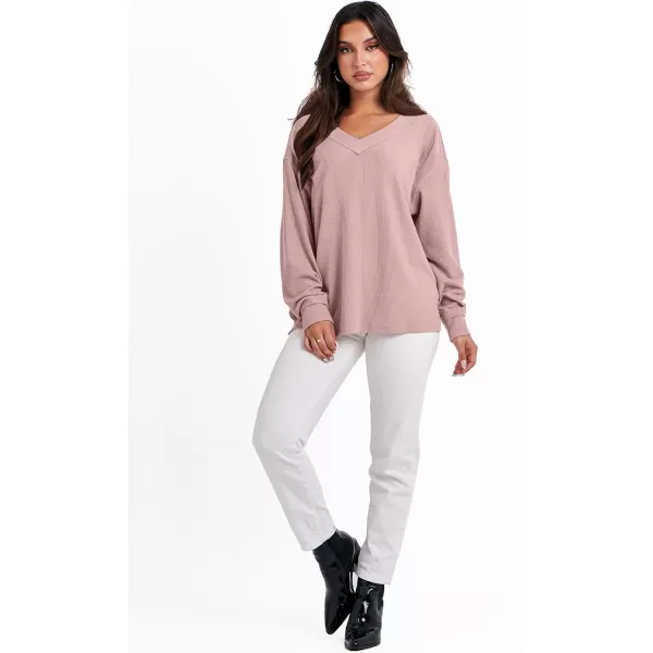 imageANRABESS Women Long Sleeve Shirt V Neck Off Shoulder Oversized Knit Pullover Sweatshirt Loose High Low Fall Tunic TopsPink