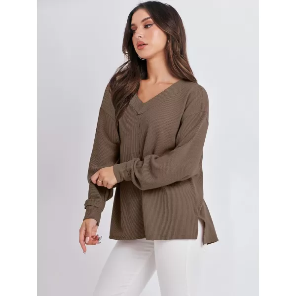 imageANRABESS Women Long Sleeve Shirt V Neck Off Shoulder Oversized Knit Pullover Sweatshirt Loose High Low Tunic TopsBrown
