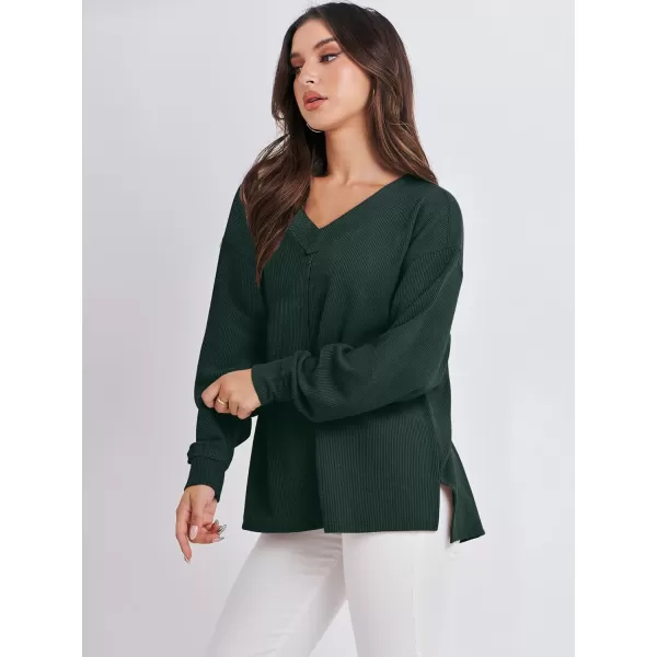 imageANRABESS Women Long Sleeve Shirt V Neck Off Shoulder Oversized Knit Pullover Sweatshirt Loose High Low Tunic TopsDark Green