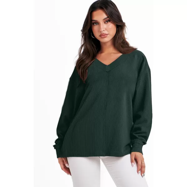 imageANRABESS Women Long Sleeve Shirt V Neck Off Shoulder Oversized Knit Pullover Sweatshirt Loose High Low Tunic TopsDark Green