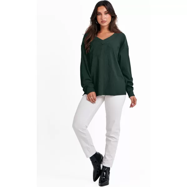 imageANRABESS Women Long Sleeve Shirt V Neck Off Shoulder Oversized Knit Pullover Sweatshirt Loose High Low Tunic TopsDark Green