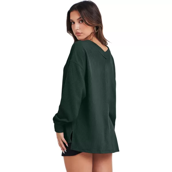 imageANRABESS Women Long Sleeve Shirt V Neck Off Shoulder Oversized Knit Pullover Sweatshirt Loose High Low Tunic TopsDark Green