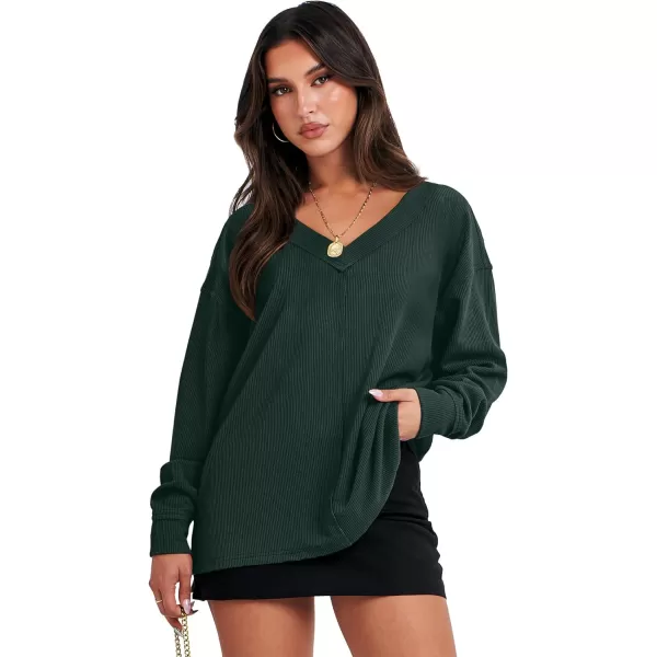 imageANRABESS Women Long Sleeve Shirt V Neck Off Shoulder Oversized Knit Pullover Sweatshirt Loose High Low Tunic TopsDark Green