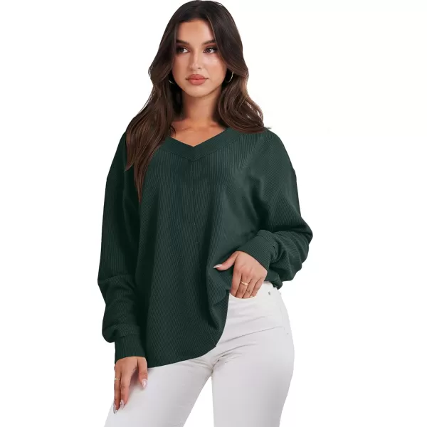 imageANRABESS Women Long Sleeve Shirt V Neck Off Shoulder Oversized Knit Pullover Sweatshirt Loose High Low Tunic TopsDark Green