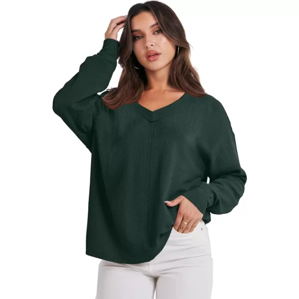 imageANRABESS Women Long Sleeve Shirt V Neck Off Shoulder Oversized Knit Pullover Sweatshirt Loose High Low Tunic TopsDark Green