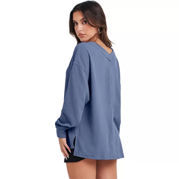 imageANRABESS Women Long Sleeve Shirt V Neck Off Shoulder Oversized Knit Pullover Sweatshirt Loose High Low Tunic TopsGrey Blue