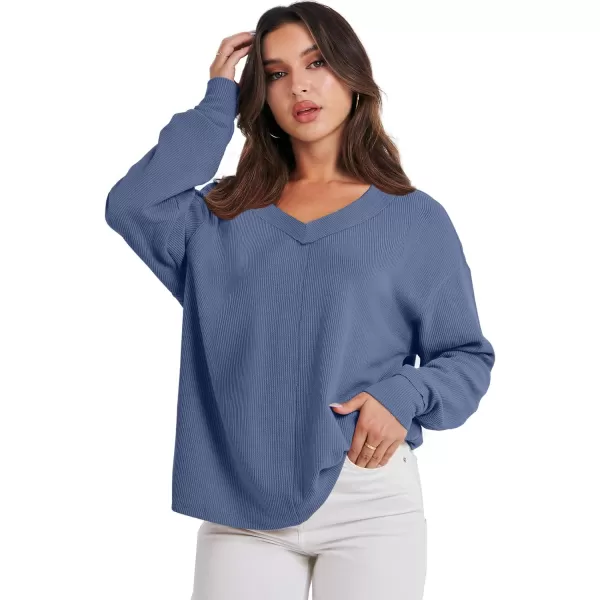 imageANRABESS Women Long Sleeve Shirt V Neck Off Shoulder Oversized Knit Pullover Sweatshirt Loose High Low Tunic TopsGrey Blue