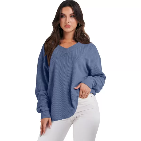 imageANRABESS Women Long Sleeve Shirt V Neck Off Shoulder Oversized Knit Pullover Sweatshirt Loose High Low Tunic TopsGrey Blue
