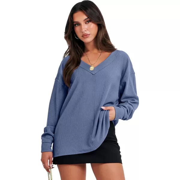 imageANRABESS Women Long Sleeve Shirt V Neck Off Shoulder Oversized Knit Pullover Sweatshirt Loose High Low Tunic TopsGrey Blue