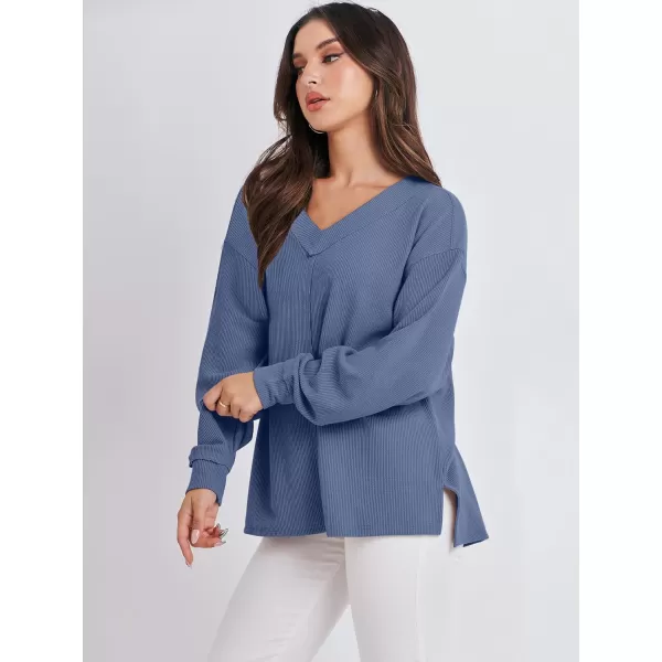 imageANRABESS Women Long Sleeve Shirt V Neck Off Shoulder Oversized Knit Pullover Sweatshirt Loose High Low Tunic TopsGrey Blue