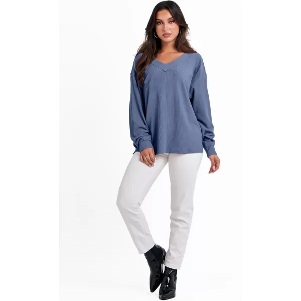 imageANRABESS Women Long Sleeve Shirt V Neck Off Shoulder Oversized Knit Pullover Sweatshirt Loose High Low Tunic TopsGrey Blue