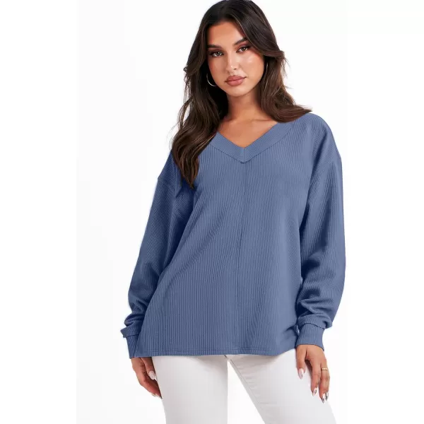 imageANRABESS Women Long Sleeve Shirt V Neck Off Shoulder Oversized Knit Pullover Sweatshirt Loose High Low Tunic TopsGrey Blue