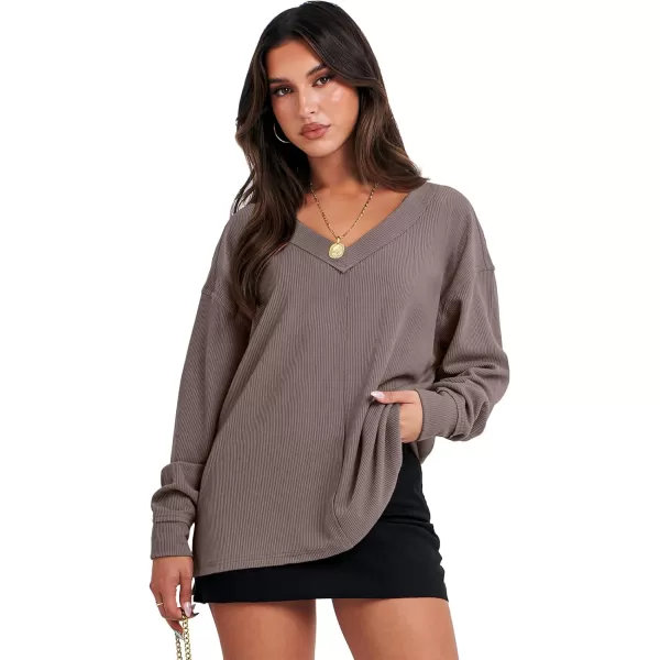 imageANRABESS Women Long Sleeve Shirt V Neck Off Shoulder Oversized Knit Pullover Sweatshirt Loose High Low Tunic TopsLight Brown