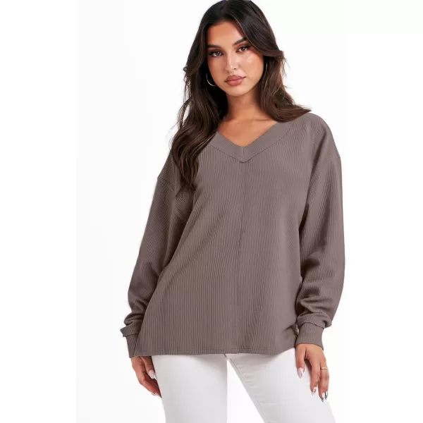 imageANRABESS Women Long Sleeve Shirt V Neck Off Shoulder Oversized Knit Pullover Sweatshirt Loose High Low Tunic TopsLight Brown