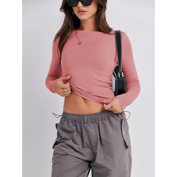 imageANRABESS Women Long Sleeve Slim Fit Crop Top Going Out Tight TShirt Trendy Tees StreetwearDark Pink
