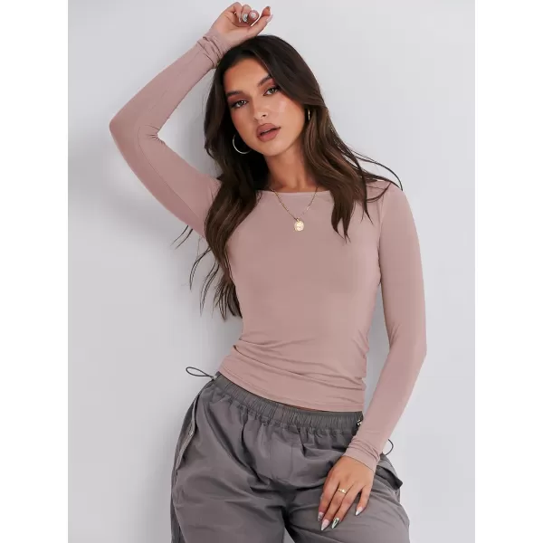 imageANRABESS Women Long Sleeve Slim Fit Crop Top Going Out Tight TShirt Trendy Tees StreetwearGrey Pink