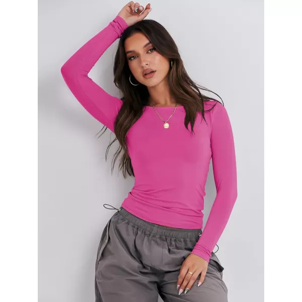 imageANRABESS Women Long Sleeve Slim Fit Crop Top Going Out Tight TShirt Trendy Tees StreetwearHot Pink