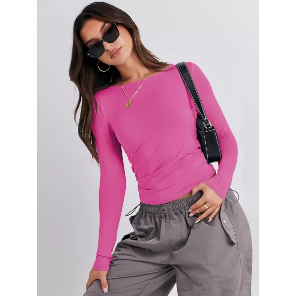 imageANRABESS Women Long Sleeve Slim Fit Crop Top Going Out Tight TShirt Trendy Tees StreetwearHot Pink
