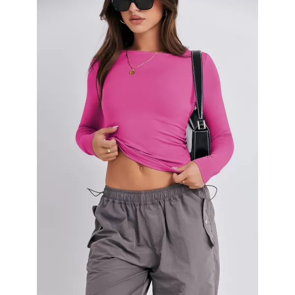 imageANRABESS Women Long Sleeve Slim Fit Crop Top Going Out Tight TShirt Trendy Tees StreetwearHot Pink