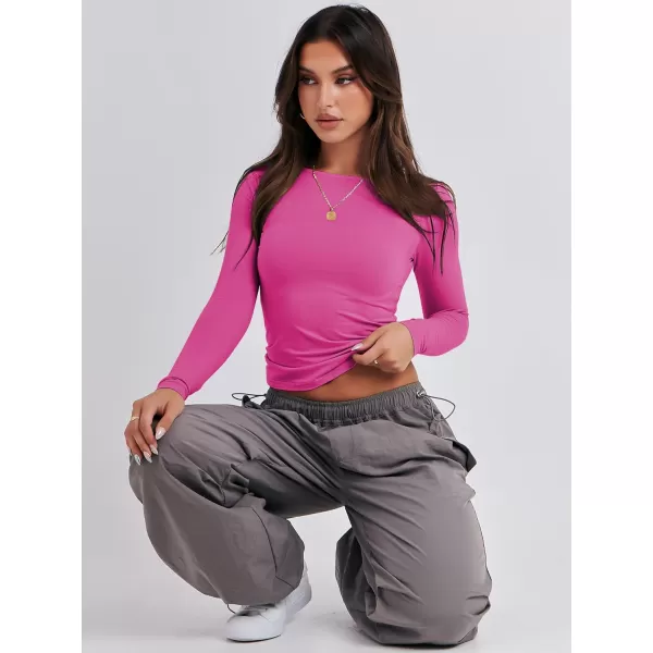 imageANRABESS Women Long Sleeve Slim Fit Crop Top Going Out Tight TShirt Trendy Tees StreetwearHot Pink
