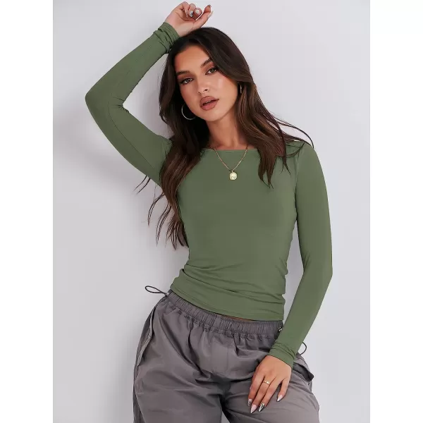 imageANRABESS Women Long Sleeve Slim Fit Crop Top Going Out Tight Y2K TShirt Trendy Tees StreetwearArmy Green