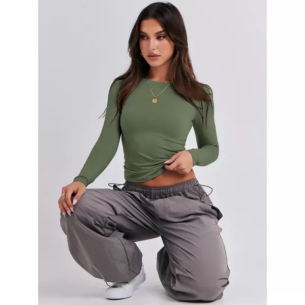 imageANRABESS Women Long Sleeve Slim Fit Crop Top Going Out Tight Y2K TShirt Trendy Tees StreetwearArmy Green