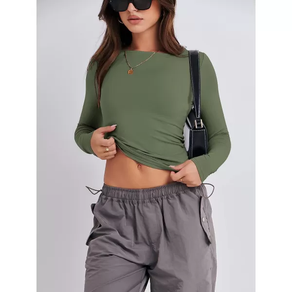 imageANRABESS Women Long Sleeve Slim Fit Crop Top Going Out Tight Y2K TShirt Trendy Tees StreetwearArmy Green