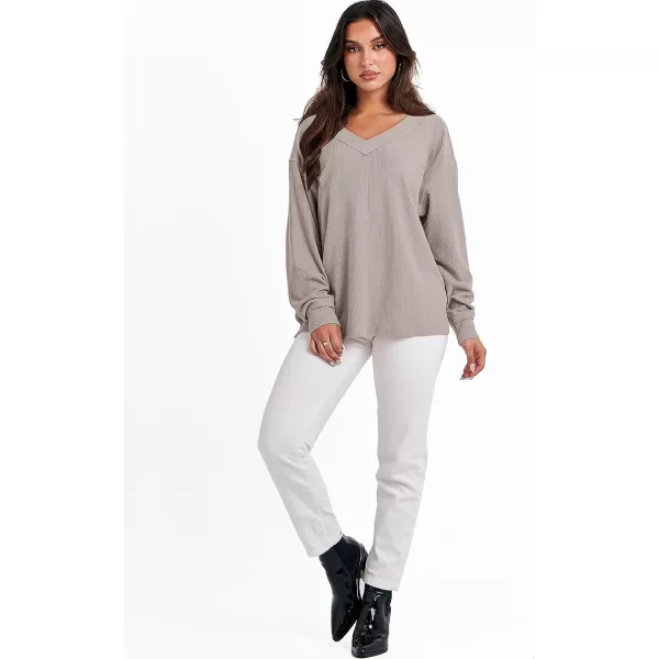 imageANRABESS Women Long Sleeve V Neck Off Shoulder Oversized Knit Pullover Sweatshirt Loose Fit High Low Tunic TopsApricot