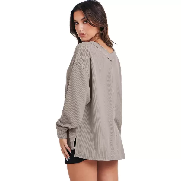 imageANRABESS Women Long Sleeve V Neck Off Shoulder Oversized Knit Pullover Sweatshirt Loose Fit High Low Tunic TopsApricot
