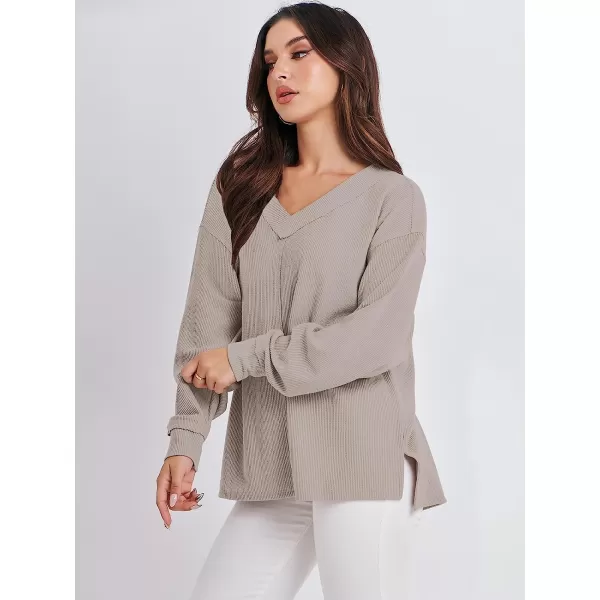 imageANRABESS Women Long Sleeve V Neck Off Shoulder Oversized Knit Pullover Sweatshirt Loose Fit High Low Tunic TopsApricot