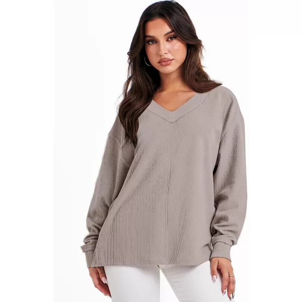 imageANRABESS Women Long Sleeve V Neck Off Shoulder Oversized Knit Pullover Sweatshirt Loose Fit High Low Tunic TopsApricot