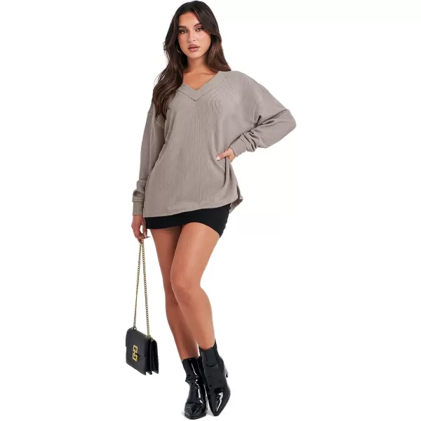 imageANRABESS Women Long Sleeve V Neck Off Shoulder Oversized Knit Pullover Sweatshirt Loose Fit High Low Tunic TopsApricot