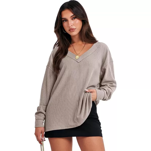 imageANRABESS Women Long Sleeve V Neck Off Shoulder Oversized Knit Pullover Sweatshirt Loose Fit High Low Tunic TopsApricot