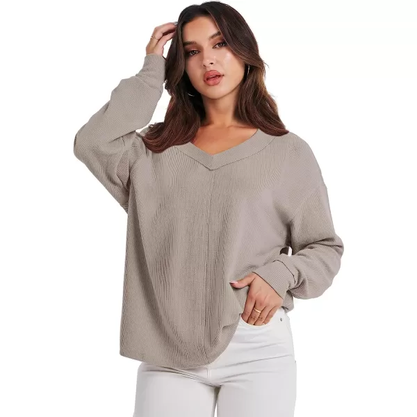 imageANRABESS Women Long Sleeve V Neck Off Shoulder Oversized Knit Pullover Sweatshirt Loose Fit High Low Tunic TopsApricot