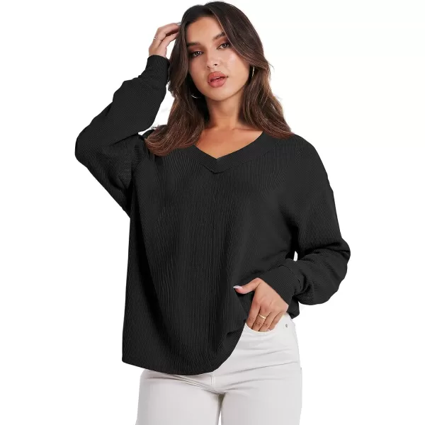 imageANRABESS Women Long Sleeve V Neck Off Shoulder Oversized Knit Pullover Sweatshirt Loose Fit High Low Tunic TopsBlack