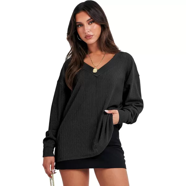 imageANRABESS Women Long Sleeve V Neck Off Shoulder Oversized Knit Pullover Sweatshirt Loose Fit High Low Tunic TopsBlack